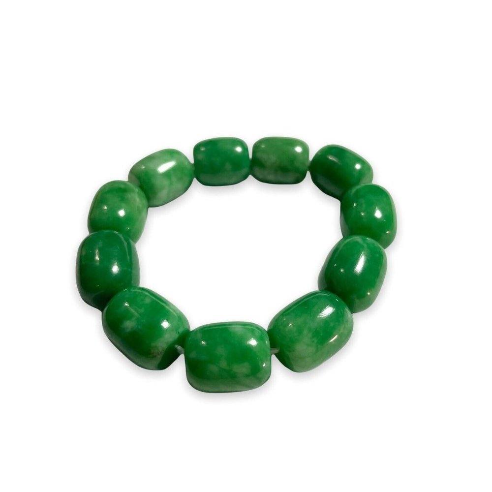 Emerald Green Jade Beaded Stretch Bracelet Chunky Good Luck Prosperity Health